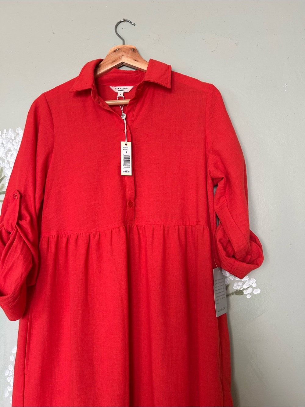 NWT Max Studio Papaya Red Tiered Maxi Shirt Dress w/ pockets - Picture 3 of 9